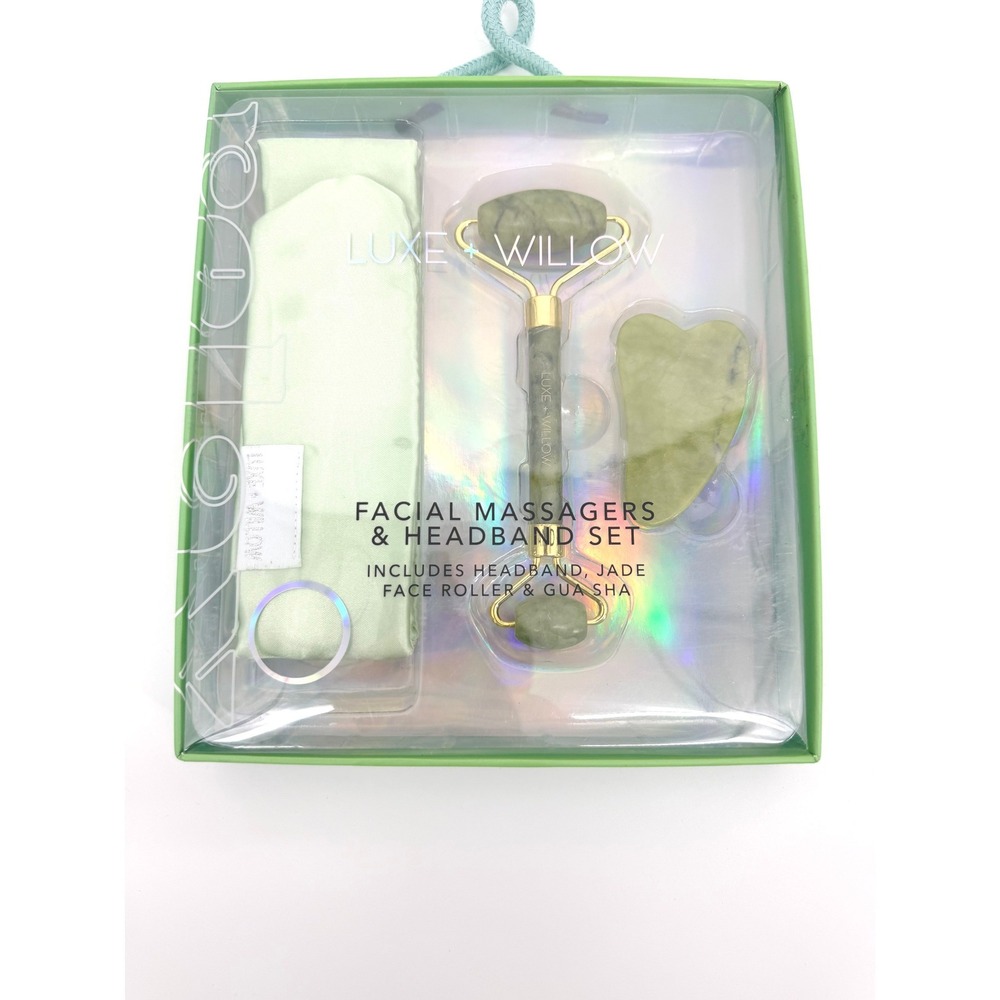 Luxe + Willow Jade Facial Massager and Headband Set Roller Gua Sha Green 3pc New
